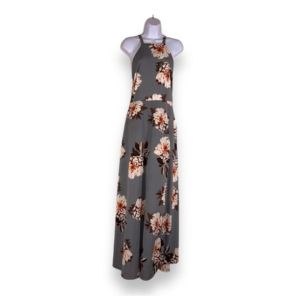 MEDIUM GREY FLORAL HIGH LOW DRESS SLEEVELESS ZIP CLOSURE - Picture 1 of 13